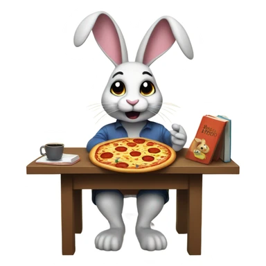 A rabbit eating a pizza reading a book and listening to techno music sticker