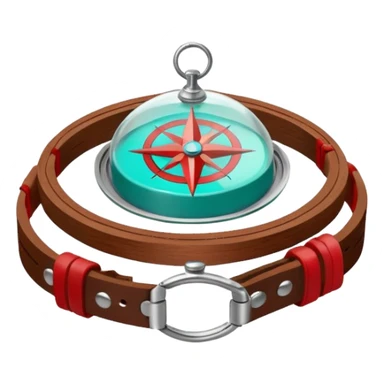 Round glass dome with turquoise-green liquid inside, red compass needle floating in center, brown wooden wrist band with metal clasps, anime cartoon style with clean line art sticker