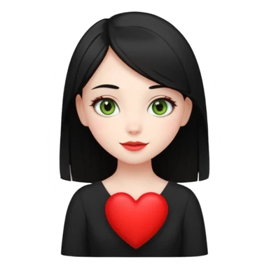 Pale girl with straight black hair and olive green eyes soft smile wearing black dress and holding a heart sticker
