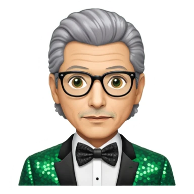 Jeff Goldblum with gray hair, dark green sequin suit with bow tie sticker