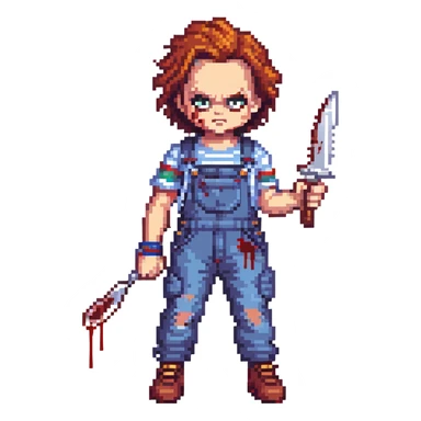 Chucky in overalls, holding a blood-stained knife, menacing pose sticker