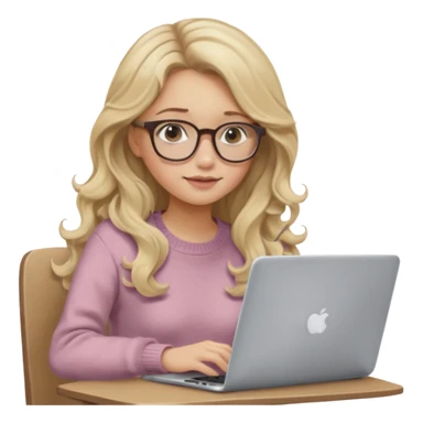 blonde girl with long dark blonde wavy hair, pantos-style glasses, a brown sweater, sitting and looking in laptop, soft pastel, upper body shot sticker