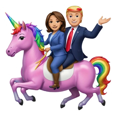 Kamala Harris and donald trump riding a rainbow unicorn sticker