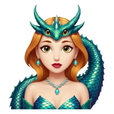 A gorgeous woman with dragon features with glittering jeweled scales covering her body. She has large almond shaped eyes, lush lips, and she wears a stunning luminescent gown. sticker