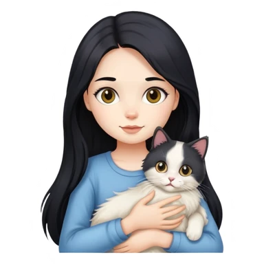 A girl with long black hair holding a cute Ragdoll cat sticker