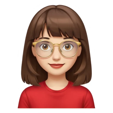 chica con piel blanca sonriendo, ojos marrones y pelo marrón muy largo con flequillo y lentes dorados con remera roja. sticker