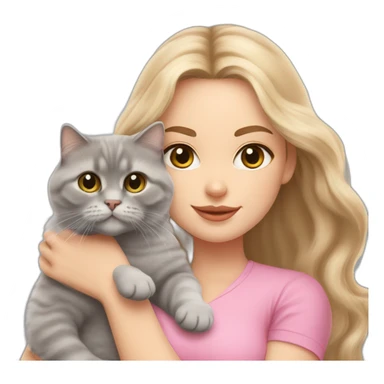 woman with grey eyes and long wavy blonde hair and in a pink shirt is holding a very fluffy and fat grey Scottish fold cat sticker