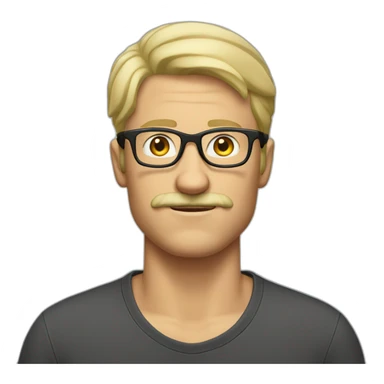 tall blonde man with glasses and mustache and tshirt sticker