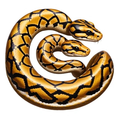 A photo-realistic top-down view of a Ball Python gently coiled into a tight spiral, with its head resting peacefully at the center. Its scales are warm brown with bold, irregular black markings, including the distinctive “alien-head” pattern, flowing smoothly along its body.  sticker