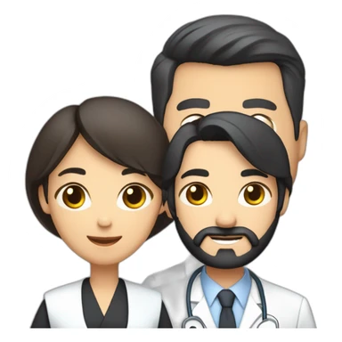husband middle-aged dark hair trimmed beard wearing dark business suit holding bible, wife asian middle-aged black long hair nurse, with no children sticker