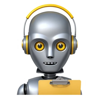 robot head, next to the head is a yellow clipboard checklist with a warning symbol on it sticker