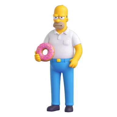 Homer Simpson 3D style, yellow skin, bald, white shirt, blue pants, holding a donut sticker