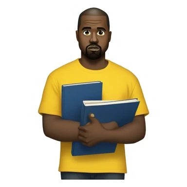 kanye west wearing a dark blue T-shirt, holding a big yellow notepad sticker