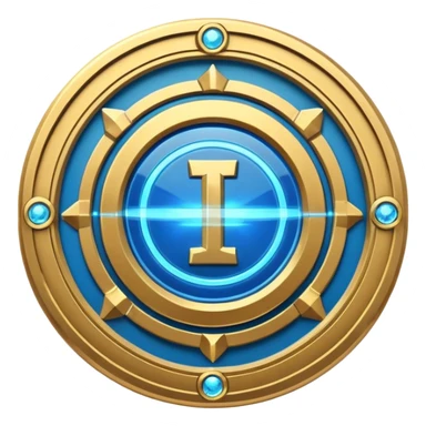 Futuristic anniversary medal badge, circular emblem with embossed Roman numeral I, metallic gold finish with electric blue glow accents, subtle outer energy ring, sci-fi web3 game UI style, polished 3D game asset, dark background, centered composition, high detail sticker