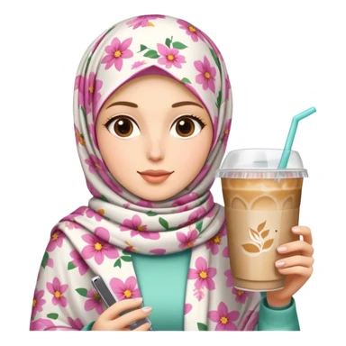 White girl wearing flower pattern hijab and iced coffee sticker
