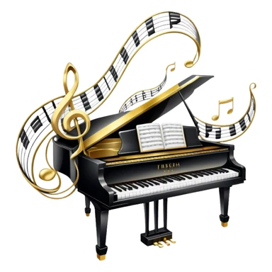 Create an elegant and festive emoji collage representing keyboard instruments, styled like a heraldic emblem. The design should feature a central focal point of black and white piano keys, arranged in a semi-circular or shield-like shape. Around the piano keys, add intertwining musical notes that form flowing ribbons, creating a dynamic and celebratory atmosphere. The design should be professional, with polished silver and gold accents on the keys and notes, highlighting the luxury and sophistication of the instruments. Add subtle shading and lighting effects to give the design a refined, 3D appearance. The background should remain transparent, and the overall feel should evoke grandeur, artistry, and a sense of celebration. sticker