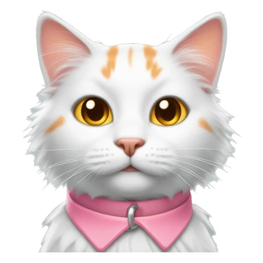 fluffy white and orange cat wearing a pink collar sticker