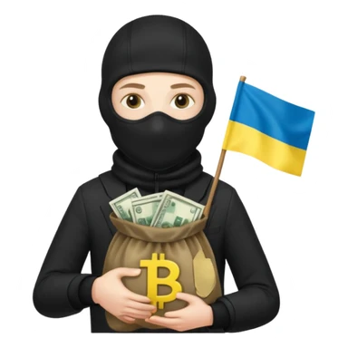 create an incredibly realistic white thief in a black suit and balaclava with a bag of money and a Ukrainian flag on it sticker