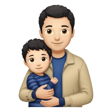 A father with short curly black hair and a friendly smile, dressed in a navy blue T-shirt and a beige jacket. He carries his child with soft straight dark hair wearing a tiny striped sweater. Bright, natural, heartwarming scene. sticker