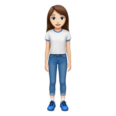 Kind of tall 16 year old smiling white girl that has long, straight brown hair wearing a white T shirt as well as tight blue jeans with brown eyes, and her wearing black socks and blue shoes sticker
