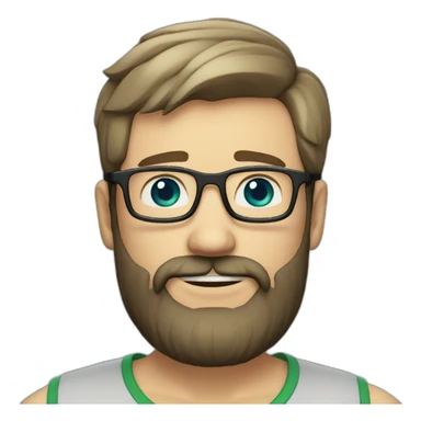  Chatty man, short hair, small thin glasses, blue-green eyes, with a dark beard, 2-day beard, geek sticker