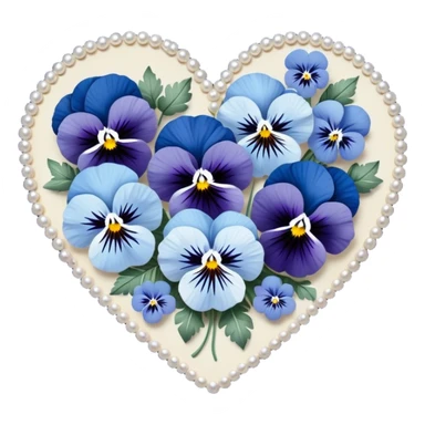 A heart-shaped floral arrangement of deep blue and pastel blue pansies, intricately designed with navy and baby blue accents, resting on a pearl satin fabric and adorned with tiny silver embellishments.
 sticker