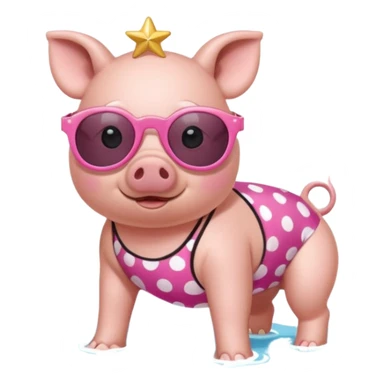 cute pig wearing  star-shaped sunglasses and polka dot bathing suit on all fours  sticker