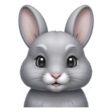Cinematic Cute Grey Rabbit Portrait Emoji, Head tilted playfully and inquisitively, featuring a silky, smooth grey fur with soft, velvety textures, round, sparkling grey eyes filled with curiosity, Simplified yet irresistibly adorable features, highly detailed, glowing with a warm, friendly glow, high shine, affectionate and gentle, stylized with a touch of whimsy, bright and endearing, soft glowing outline, capturing the essence of a mischievous yet loving bunny, so playful it feels like it could hop out of the screen and into your arms! sticker