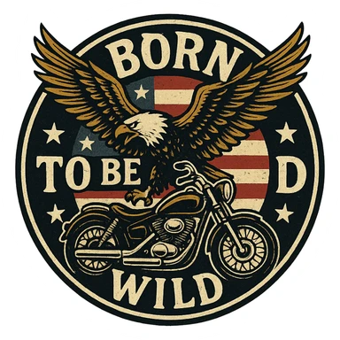 circular motorcycle cap design with transparent background, text 'Born to be wild', motif: eagle, motorcycle, wing, American style sticker