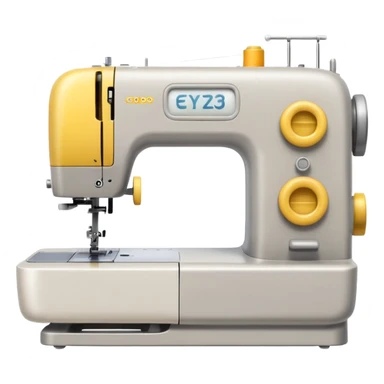 Emoji of a modern sewing machine inspired by a Brother machine. Soft, rounded shapes in the style of Apple emojis, with subtle gradients and soft shadows. White body with light gray details, a yellow spool on top sticker