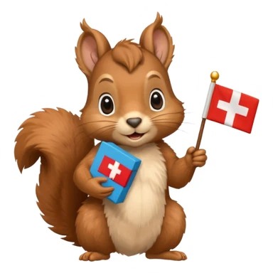 squirrel holding a gift in one hand and a Swiss flag in the other hand sticker