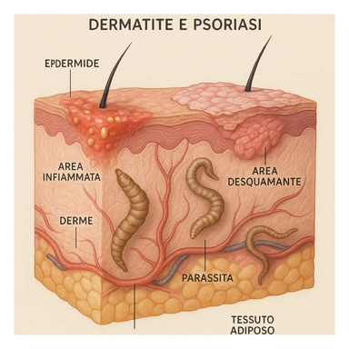realistic medical illustration of skin cross-section showing parasites causing dermatitis and psoriasis, visible inflamed and scaly areas, educational and respectful style, Italian labels, no explicit details sticker