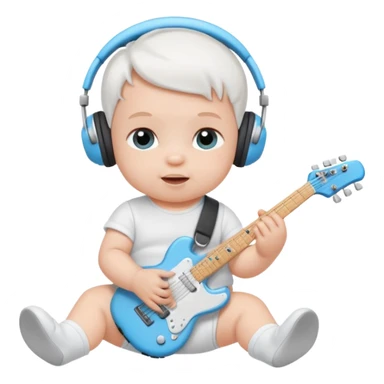 a cute baby in a white diaper and air pod maxes playing a baby blue electric guitar sticker