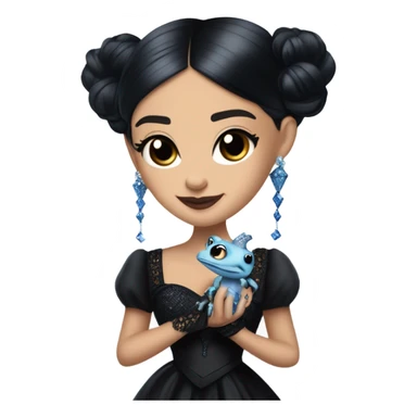 relaxed low-cut back silky black evening ball gown with lace gloves, Jenna Ortega as Wednesday Addams wearing a mini diamond tiara showing off a cute blue horned dragon ventriloquist puppet sticker