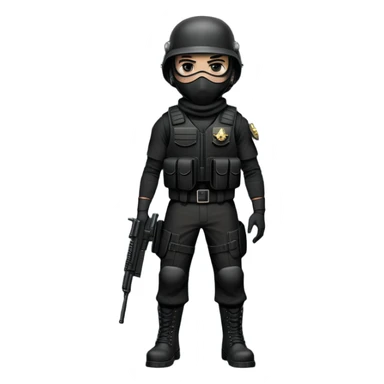 an armed dude with a shiesty mask in a bullet proof vest wearing all black with black military boots andf a black army helmet sticker
