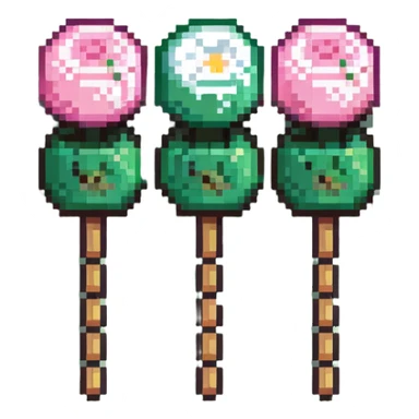 Pixel art Japanese dango skewer with three colorful rice balls in pink, white, and green colors sticker