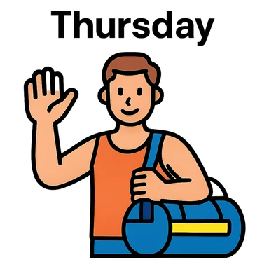 a sportsman holding his gymbag waving his hand goodbye. The word Thursday is above the sportsman sticker