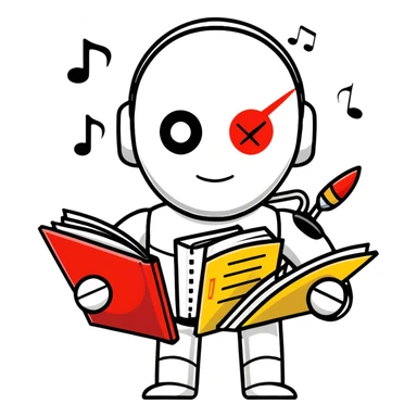 A shiny metal robot man with a circular chest plate divided into four segments, each featuring an art symbol: paintbrush, musical note, drama masks, and book sticker