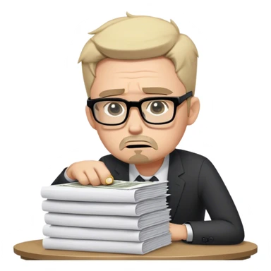 Create an emoji-style character of a sad business owner with black rectangular glasses and a light stubble (afternoon shadow beard, not a full beard). He looks frustrated and disappointed as he hands over a massive stack of work (papers, laptop, or files) in exchange for a tiny coin. His posture is slouched, and his facial expression conveys exhaustion and regret. The style should be simple, expressive, and instantly recognizable as an emoji. sticker