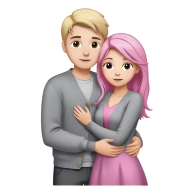 white guy brown haired in gray cardigan with blonde girl with dyed pink hair tips in shiny gray dress stand hugging in photo sticker