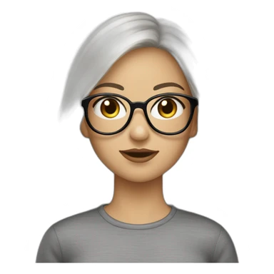 une fille avec de long cheveux noir lisse, la peau blanche ,et avec des lunette (en forme de carrer un peu déformé) assez grosse comparer a ça tête , portant un pull noir sticker