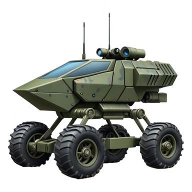 a roomy American 4-wheel armored personnel stealth camouflage army massive mech trail vehicle shooting forward side-hill leaning actively articulating independent suspended pod gimbal enemy mech off-road racing rover with large fast engine RC basher megatron  sticker