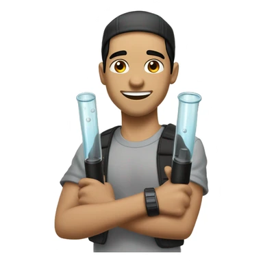 "Light-skinned Latino male with short black hair, wearing a backward cap front to back. Brown eyes, slightly thick lower lip, smiling. Holding a test tube in one hand and a video game controller in the other. Cartoon style sticker