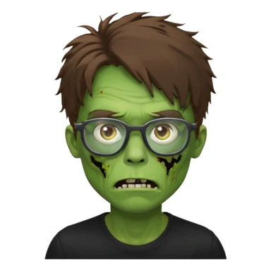 Green zombie, brown messy hair covering the forehead, black glasses, black shirt. iOS style. sticker