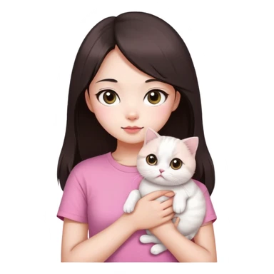 This Chinese girl's got fair skin and big black eyes. She's got long dark brown hair and she's wearing a pink t-shirt. She's holding a white Scottish Fold cat. sticker