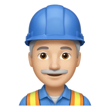 A man emoji with light skin, wearing a blue construction helmet, short gray hair on the sides, straight eyebrows, brown eyes, a small nose, and a thin short straight gray mustache above his smiling mouth. sticker