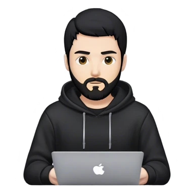 hackeur blanc cheveux noir barbe et capuche noir avec un macbook sticker