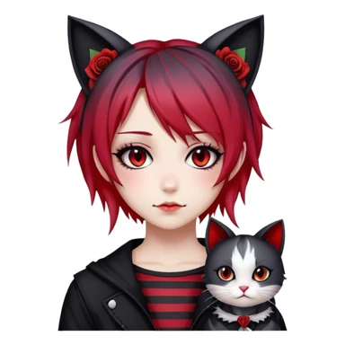 Bloody black rose anime gothic emo  beautiful gorgeous cool edgy cute lady with cat ears, gradient black-and-red-striped hair, tomboy style sticker