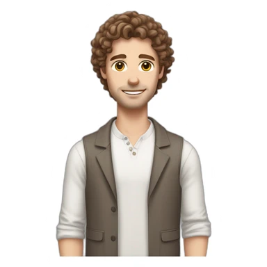 White man with brown curly hair, brown eyes, thick eyebrows, sharp jawline, bigger nose holding white and grey Ragdoll cat sticker
