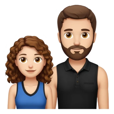 Criar Casal - Homem branco de cabelo liso e olhos marrom, com barba, expressão séria usando camiseta polo preta e mulher de pele branca cabelo cacheado marrom longo e olhos mel, usando uma regata fina branca, quero ela sorrindo sticker